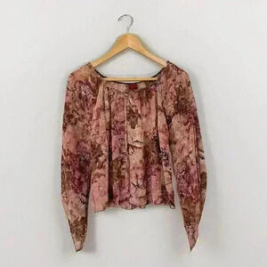 Womens Umgee Tan And Pink Boho Sheer Top Size Medium Floral Ruffles